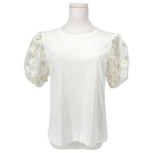 Y2K Vintage Forever 21 Mesh Daisy Embroidered Puff Sleeve Tee Women's M Coquette